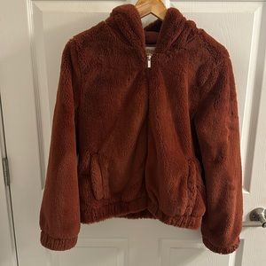 Burgundy fuzzy zip up sweater